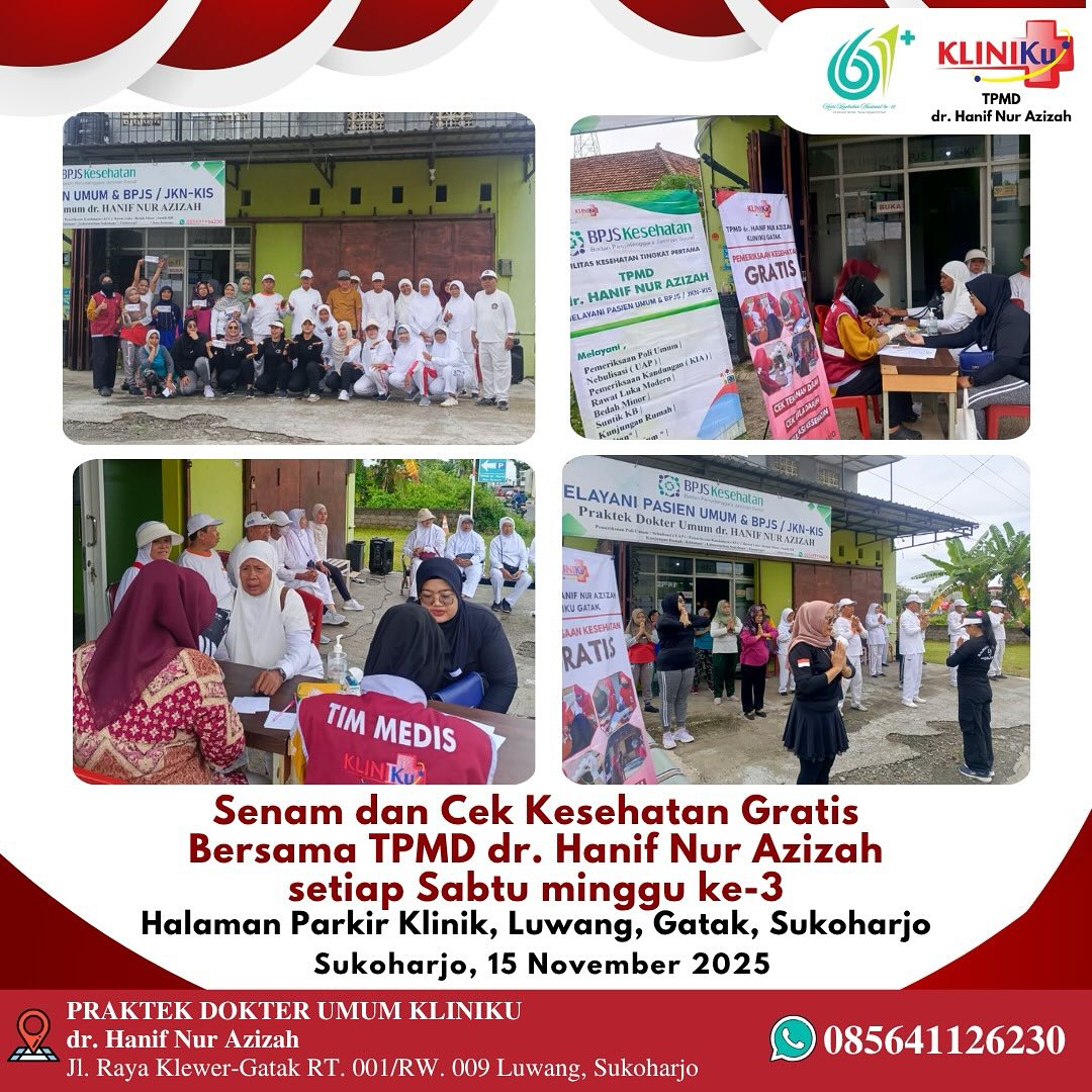 Senam & Cek Kesehatan Gratis Bersama TPMD dr. Hanif Nur Azizah di Klinik Luwang, Gatak, Sukoharjo